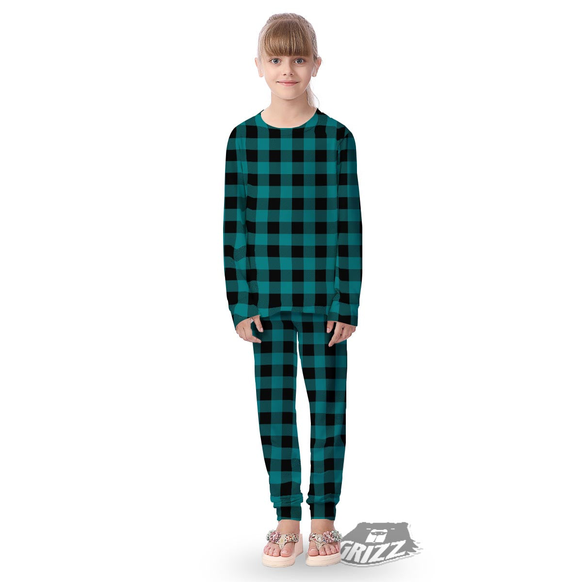 Buffalo Check Black And Teal Print Pattern Kid's Pajamas-grizzshop