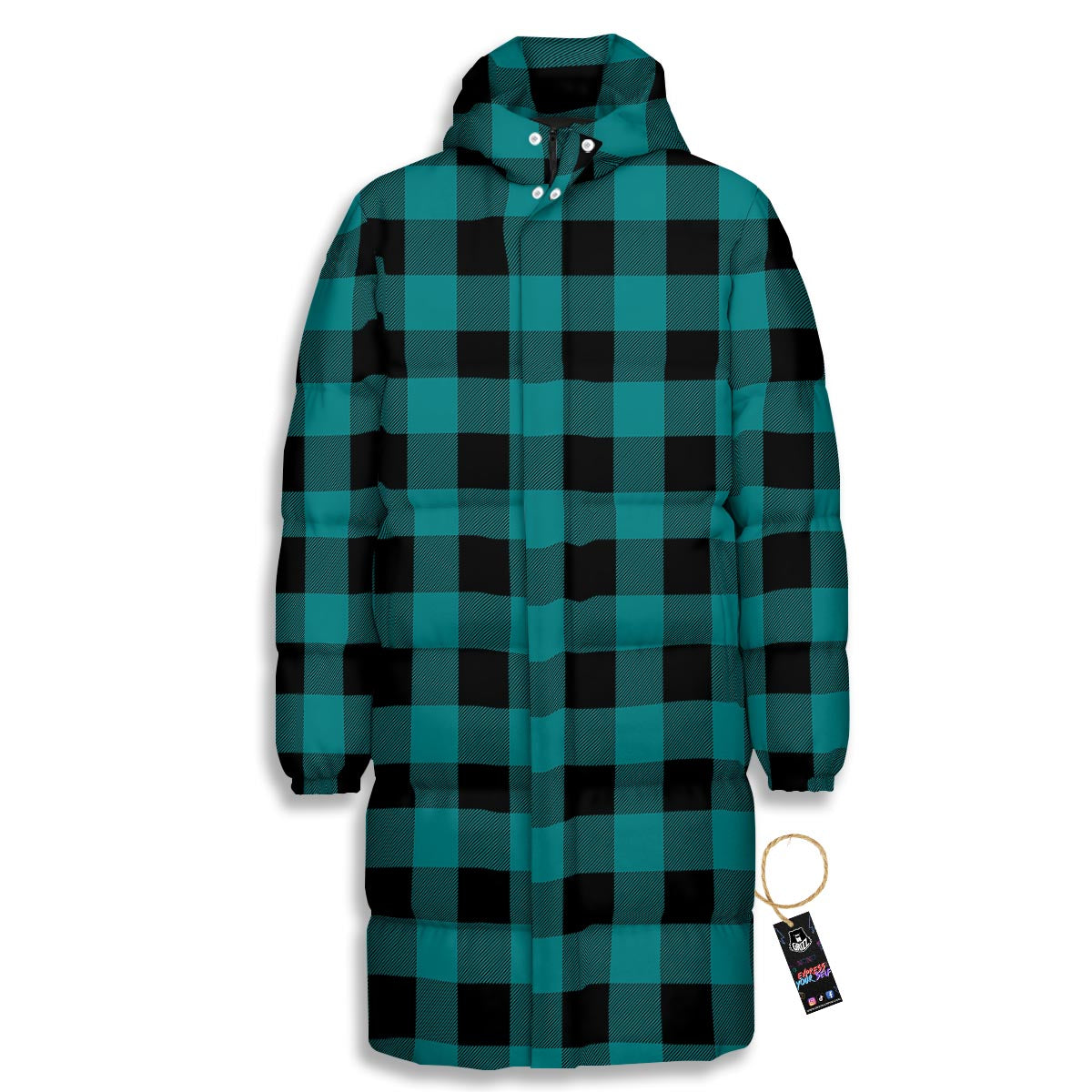 Buffalo Check Black And Teal Print Pattern Long Down Jacket-grizzshop