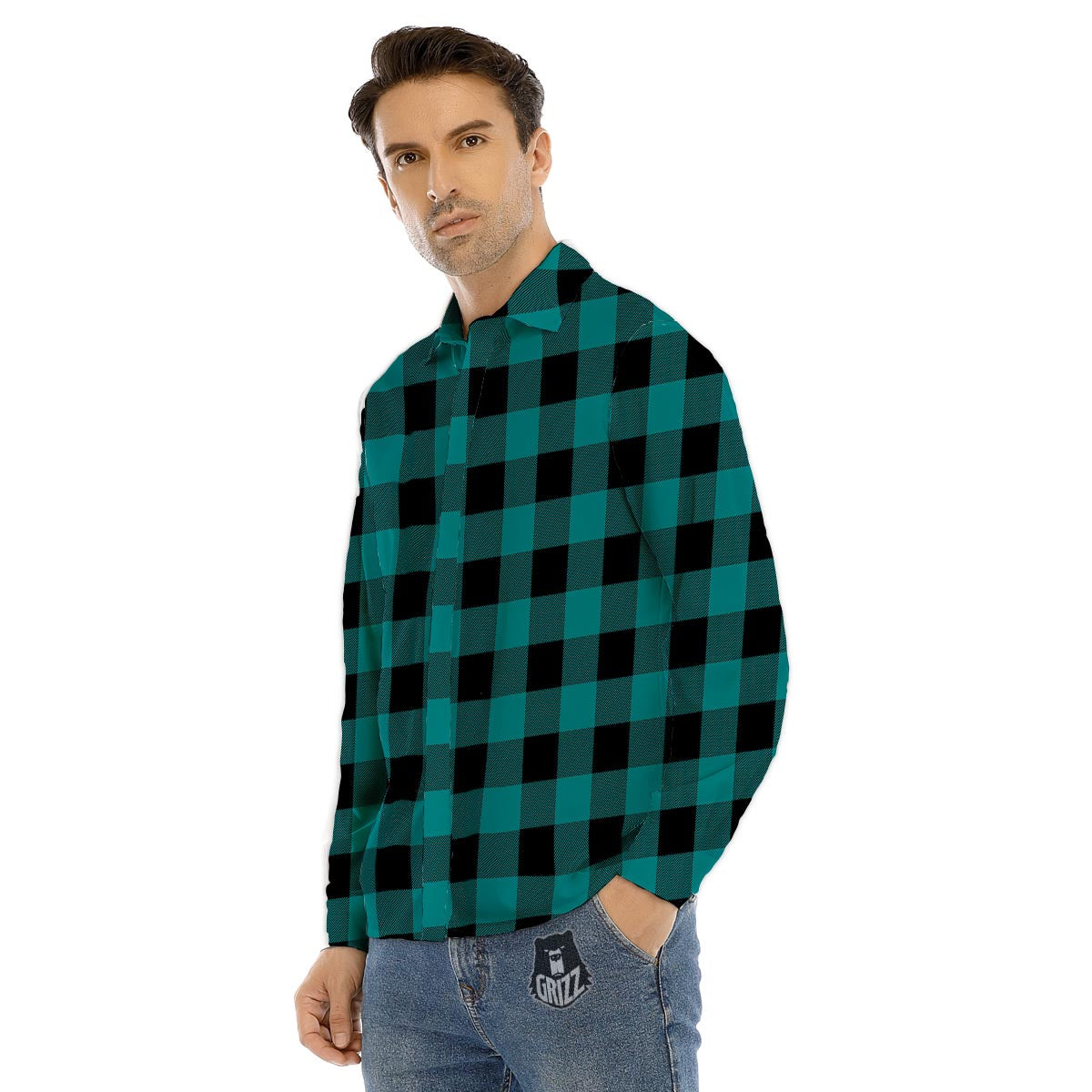 Buffalo Check Black And Teal Print Pattern Men's Dress Shirts-grizzshop