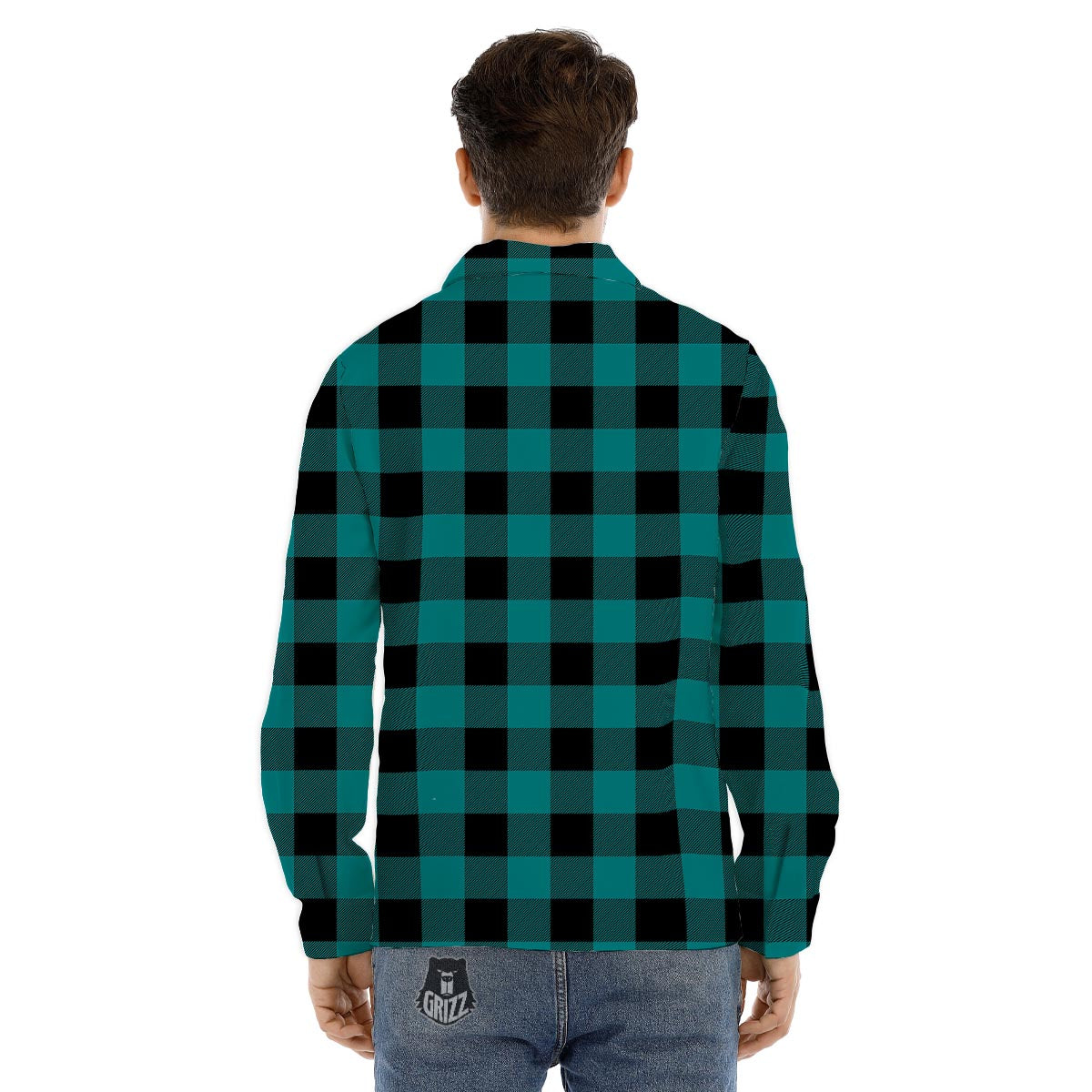 Buffalo Check Black And Teal Print Pattern Men's Dress Shirts-grizzshop