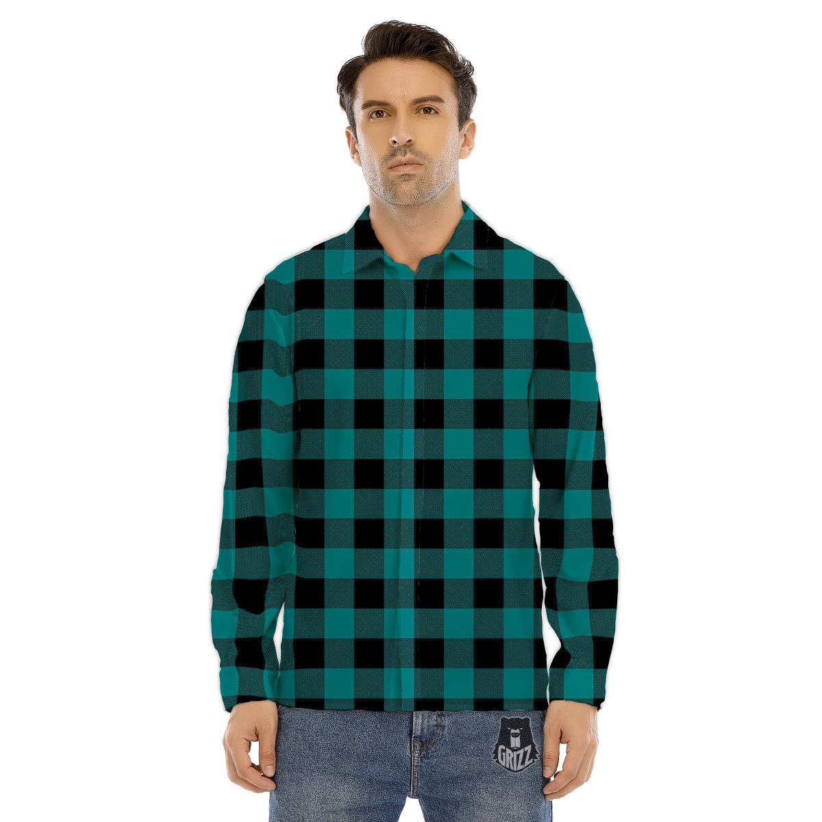 Buffalo Check Black And Teal Print Pattern Men's Dress Shirts-grizzshop