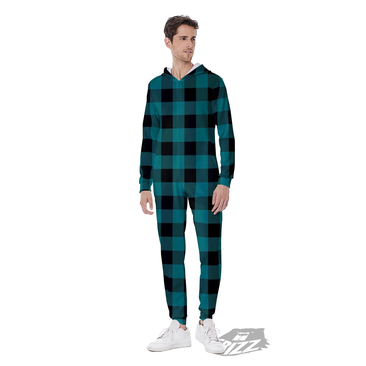 Buffalo Check Black And Teal Print Pattern Men's Jumpsuit-grizzshop