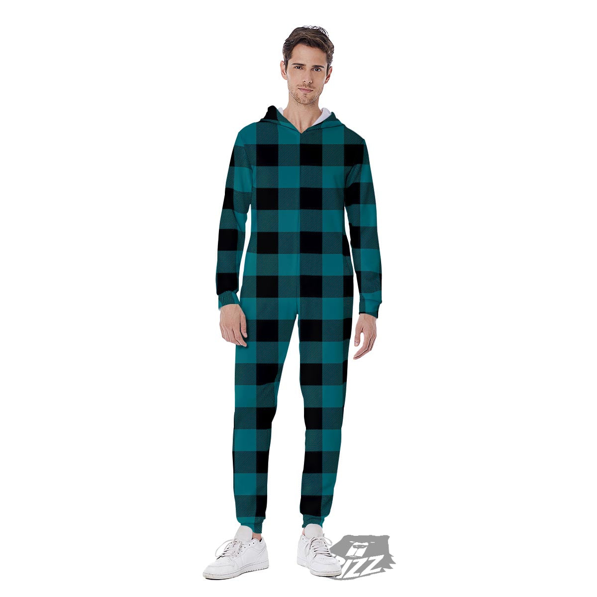 Buffalo Check Black And Teal Print Pattern Men's Jumpsuit-grizzshop