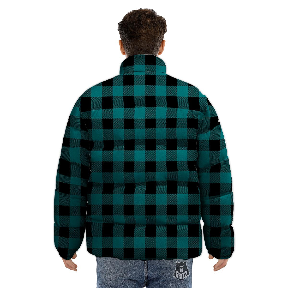 Buffalo Check Black And Teal Print Pattern Puffer Jacket-grizzshop