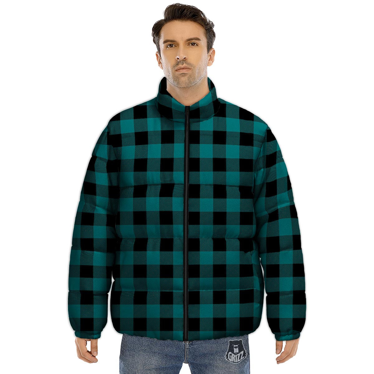 Buffalo Check Black And Teal Print Pattern Puffer Jacket-grizzshop