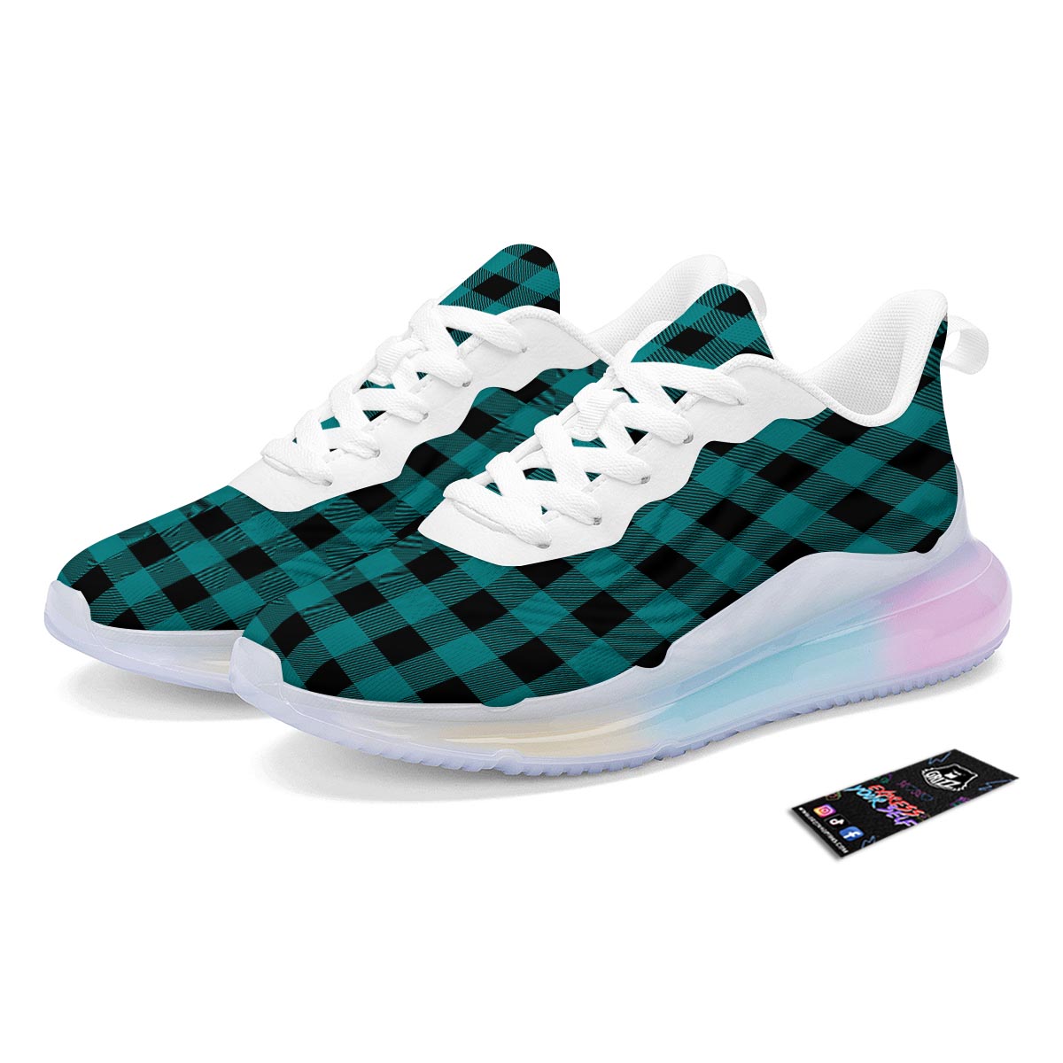 Buffalo Check Black And Teal Print Pattern Running Sneakers-grizzshop