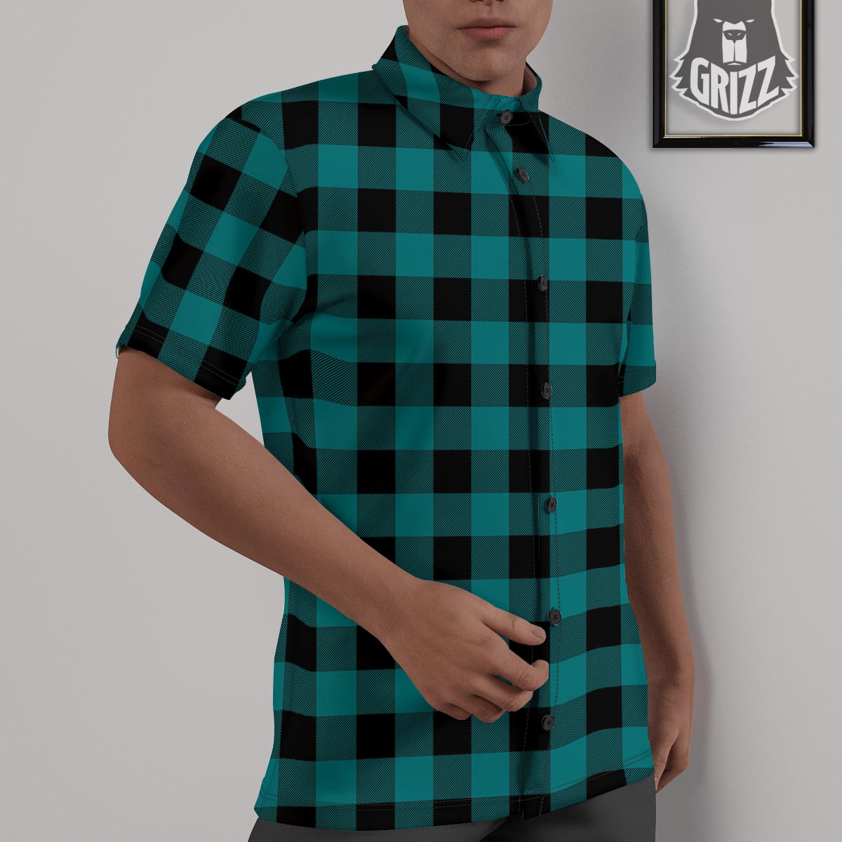 Buffalo Check Black And Teal Print Pattern Untucked Shirts-grizzshop