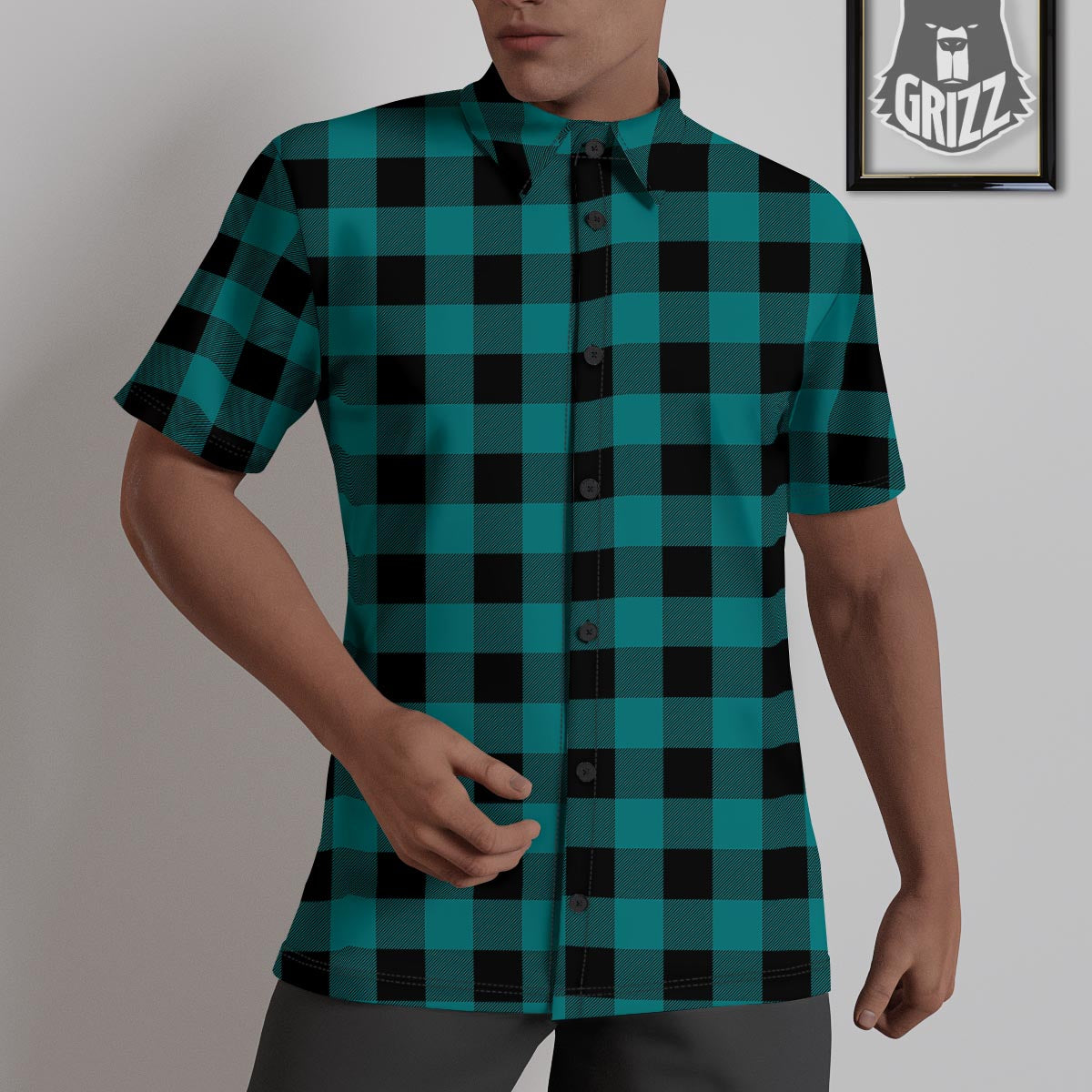 Buffalo Check Black And Teal Print Pattern Untucked Shirts-grizzshop