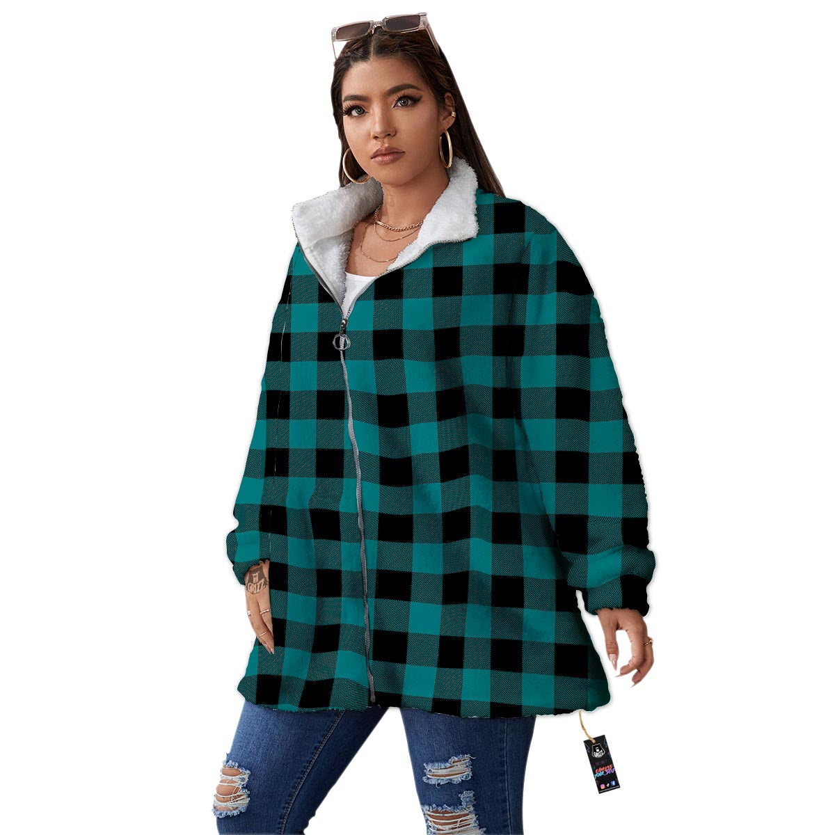 Buffalo Check Black And Teal Print Pattern Women's Sherpa Jacket-grizzshop