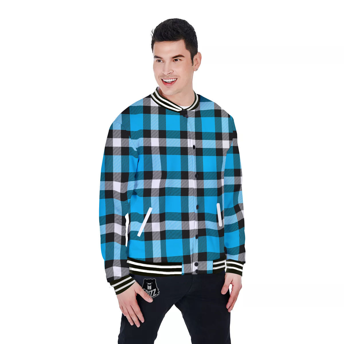 Buffalo Check Black And Turquoise Print Pattern Baseball Jacket-grizzshop