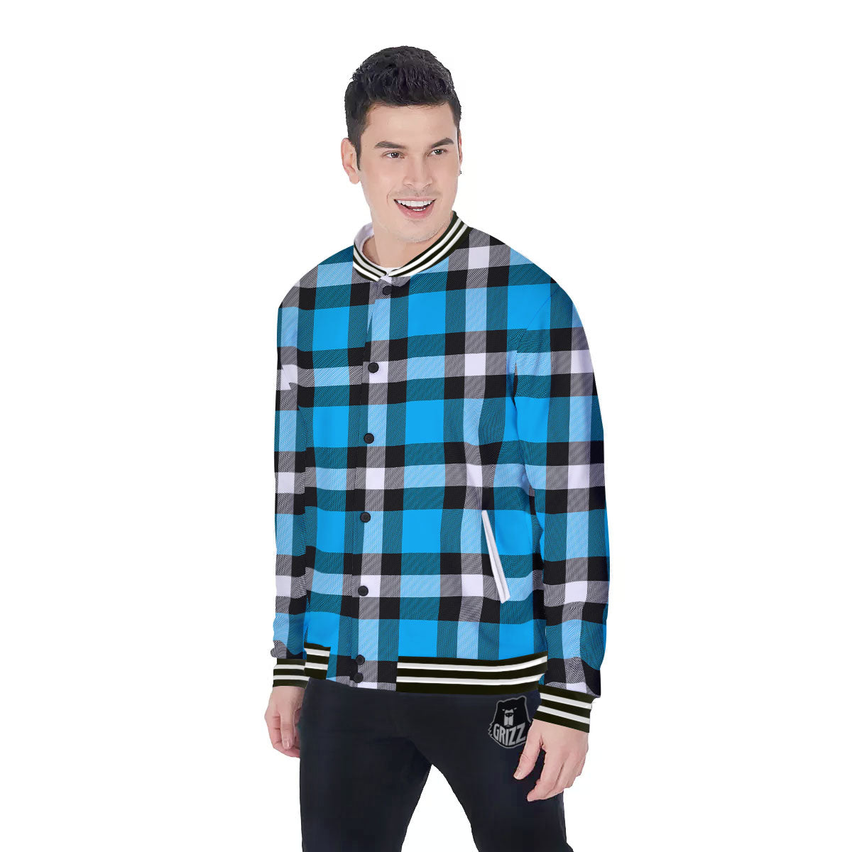 Buffalo Check Black And Turquoise Print Pattern Baseball Jacket-grizzshop