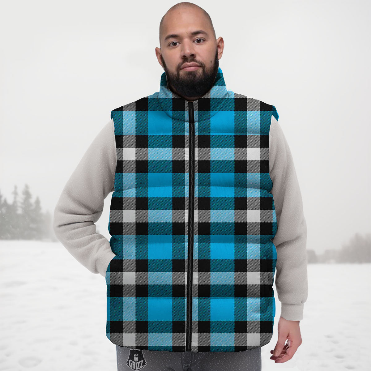 Buffalo Check Black And Turquoise Print Pattern Down Vest