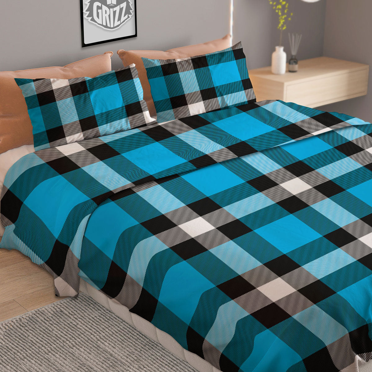 Buffalo Check Black And Turquoise Print Pattern Duvet Cover Bedding Set