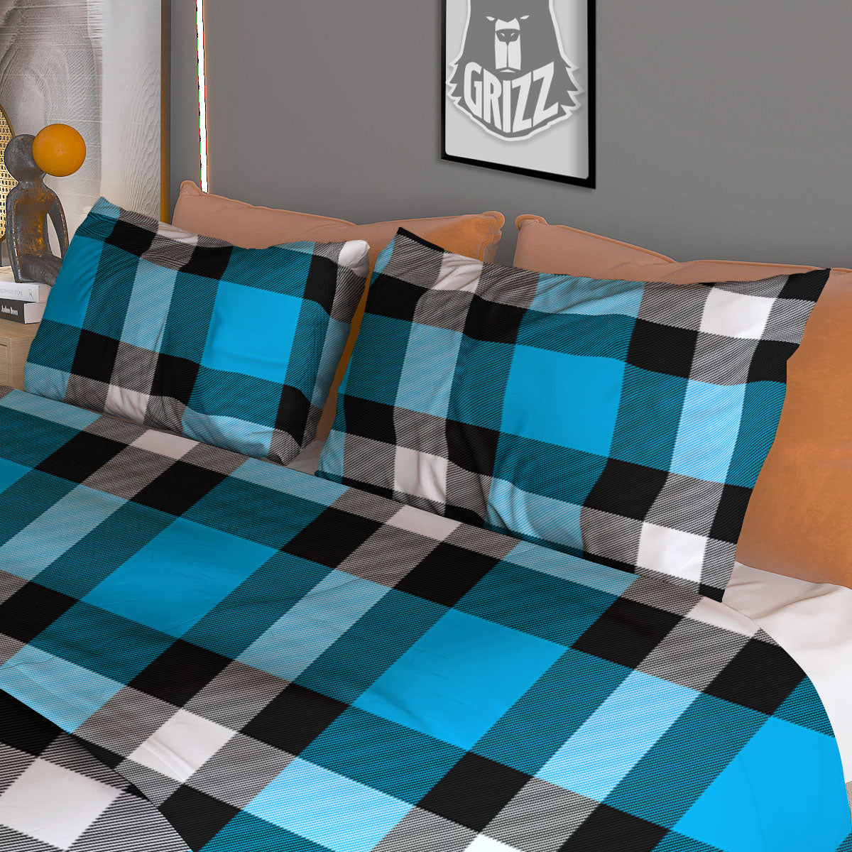 Buffalo Check Black And Turquoise Print Pattern Duvet Cover Bedding Set
