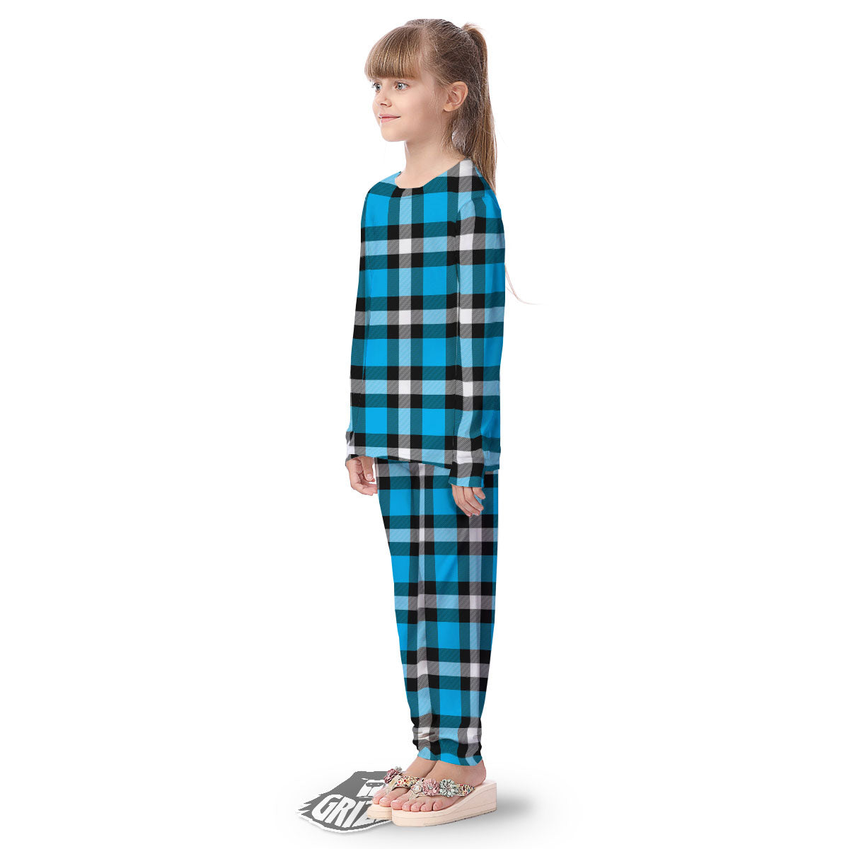 Buffalo Check Black And Turquoise Print Pattern Kid's Pajamas-grizzshop