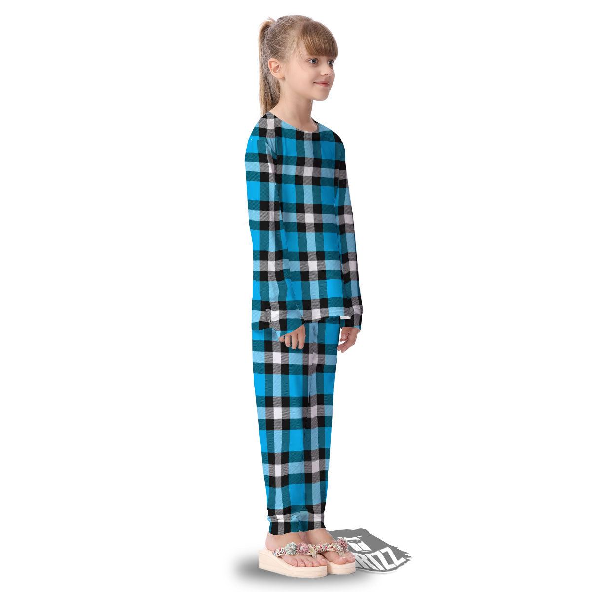 Buffalo Check Black And Turquoise Print Pattern Kid's Pajamas-grizzshop