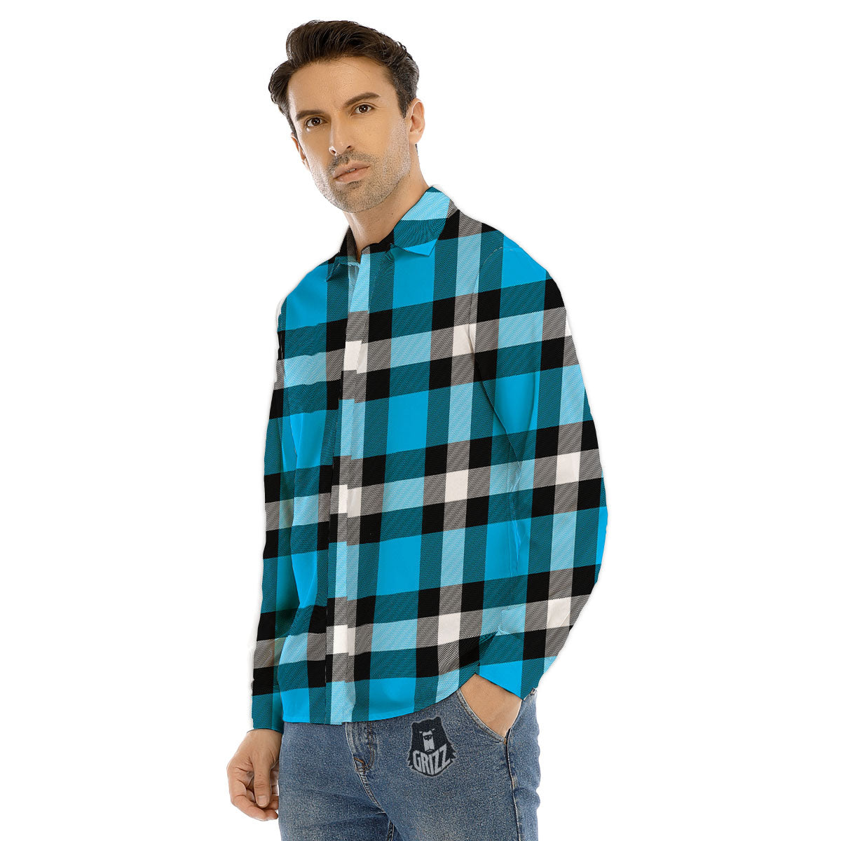 Buffalo Check Black And Turquoise Print Pattern Men's Dress Shirts-grizzshop
