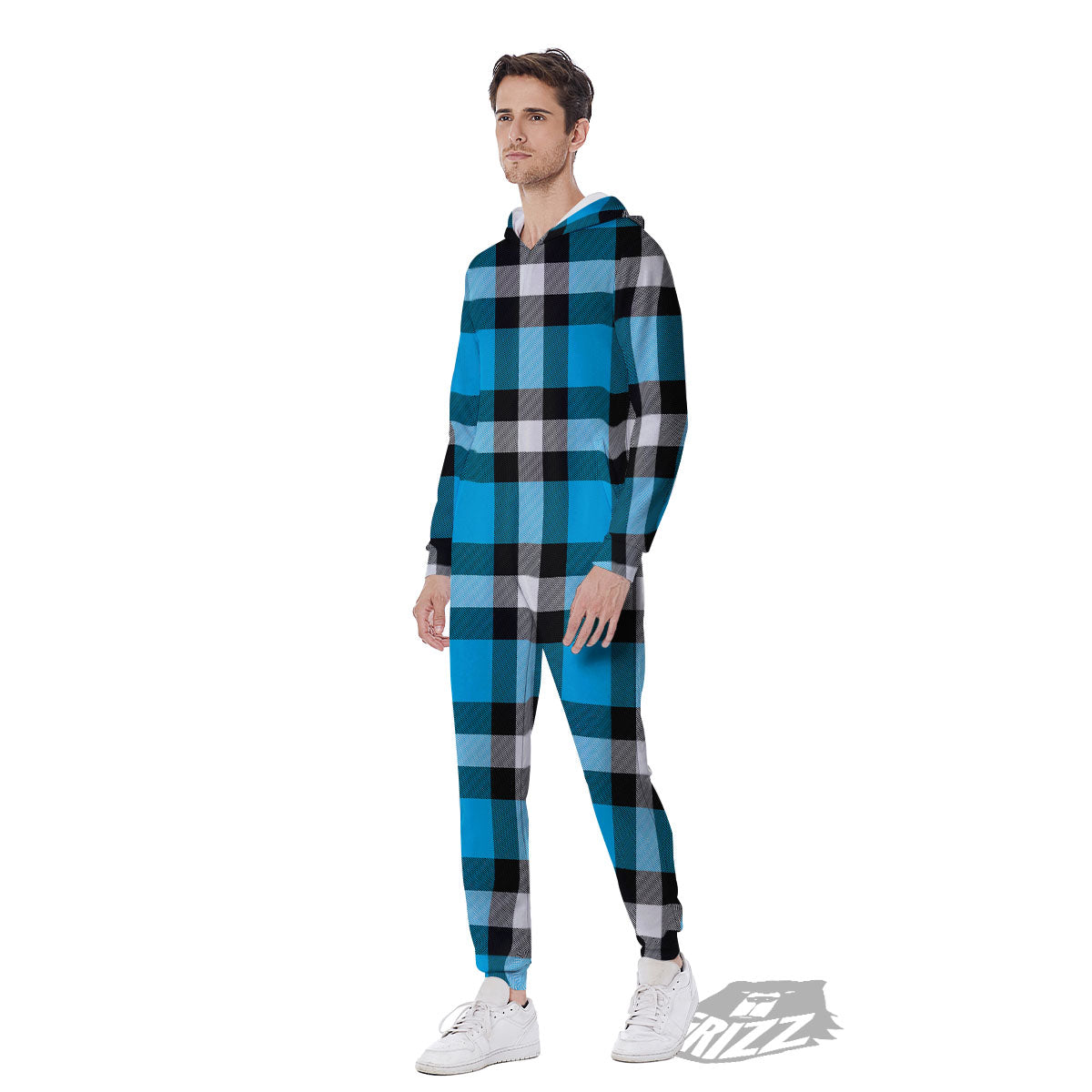 Buffalo Check Black And Turquoise Print Pattern Men's Jumpsuit-grizzshop