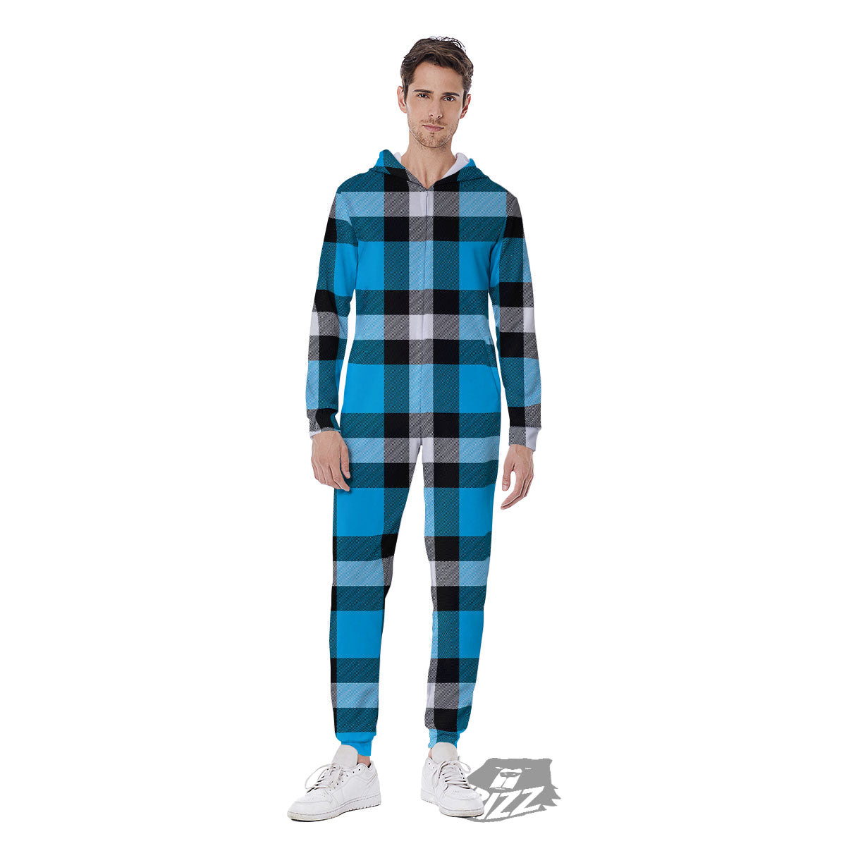 Buffalo Check Black And Turquoise Print Pattern Men's Jumpsuit-grizzshop