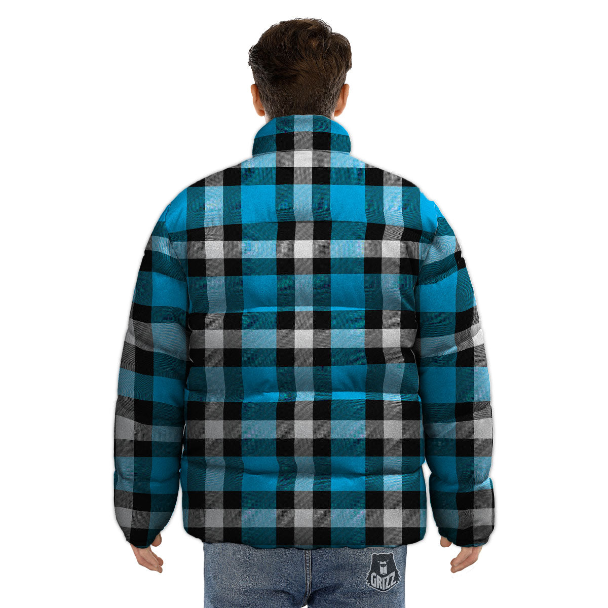 Buffalo Check Black And Turquoise Print Pattern Puffer Jacket-grizzshop
