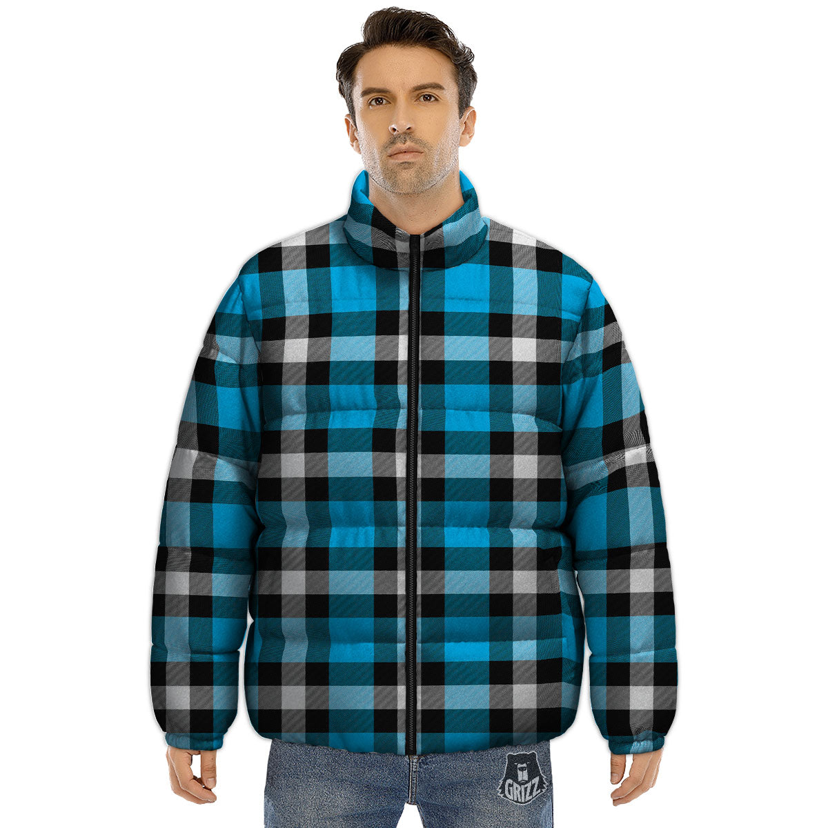 Buffalo Check Black And Turquoise Print Pattern Puffer Jacket-grizzshop