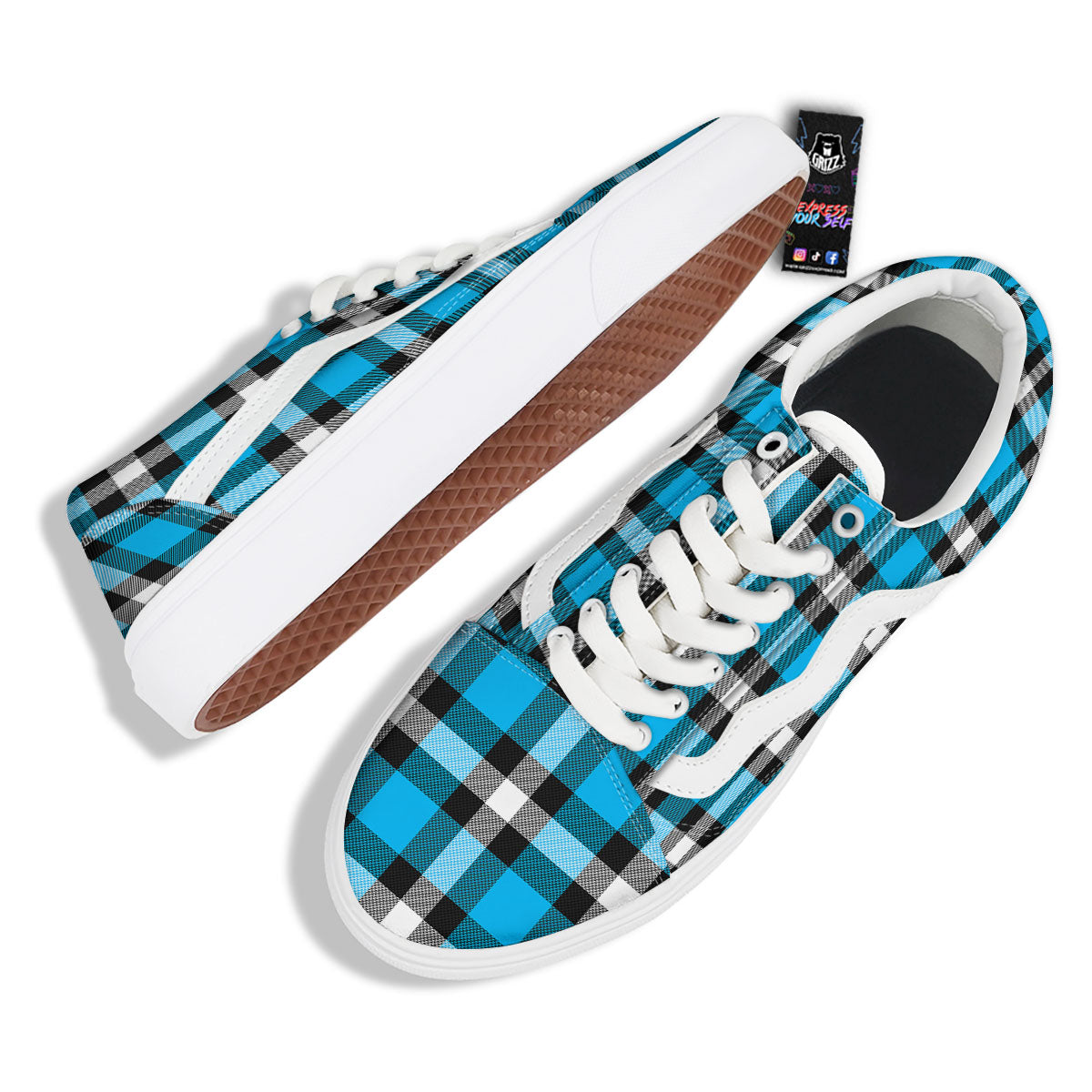 Buffalo Check Black And Turquoise Print Pattern Skate Shoes-grizzshop