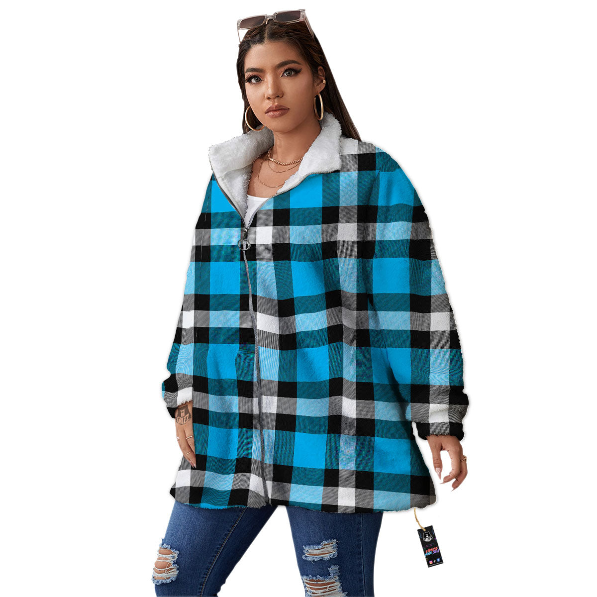 Buffalo Check Black And Turquoise Print Pattern Women's Sherpa Jacket-grizzshop