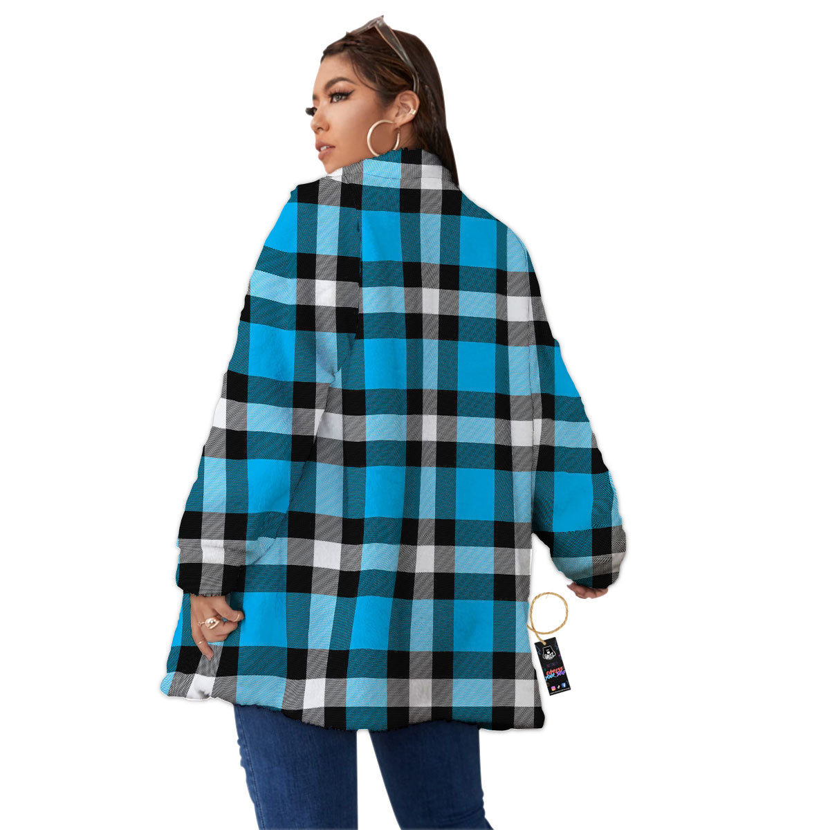 Buffalo Check Black And Turquoise Print Pattern Women's Sherpa Jacket-grizzshop