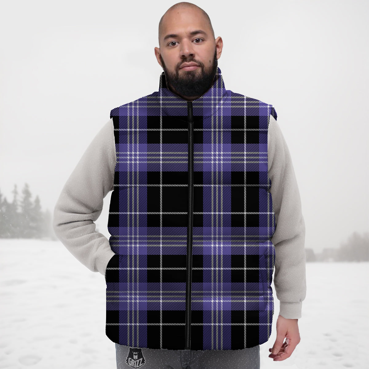 Buffalo Check Black And Violet Print Pattern Down Vest
