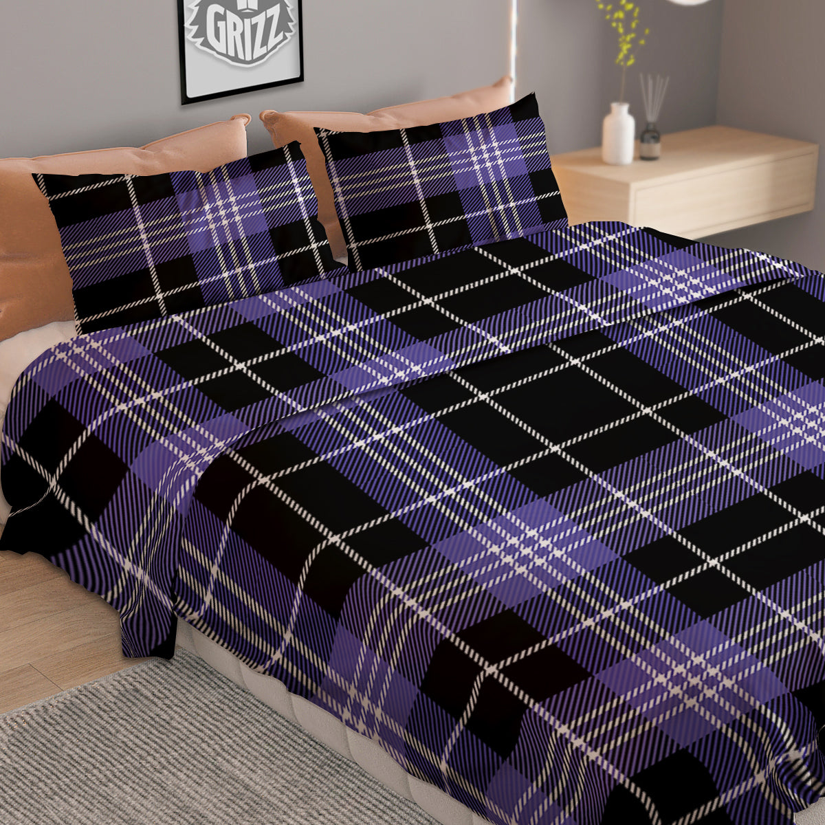 Buffalo Check Black And Violet Print Pattern Duvet Cover Bedding Set