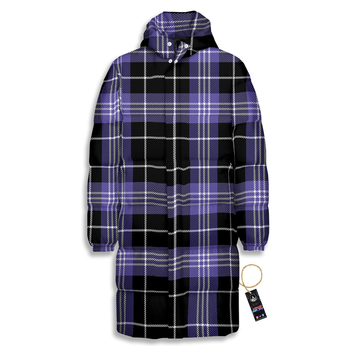 Buffalo Check Black And Violet Print Pattern Long Down Jacket-grizzshop