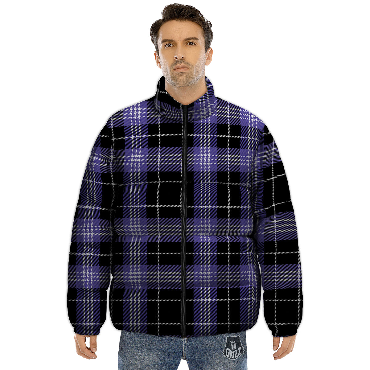 Buffalo Check Black And Violet Print Pattern Puffer Jacket-grizzshop