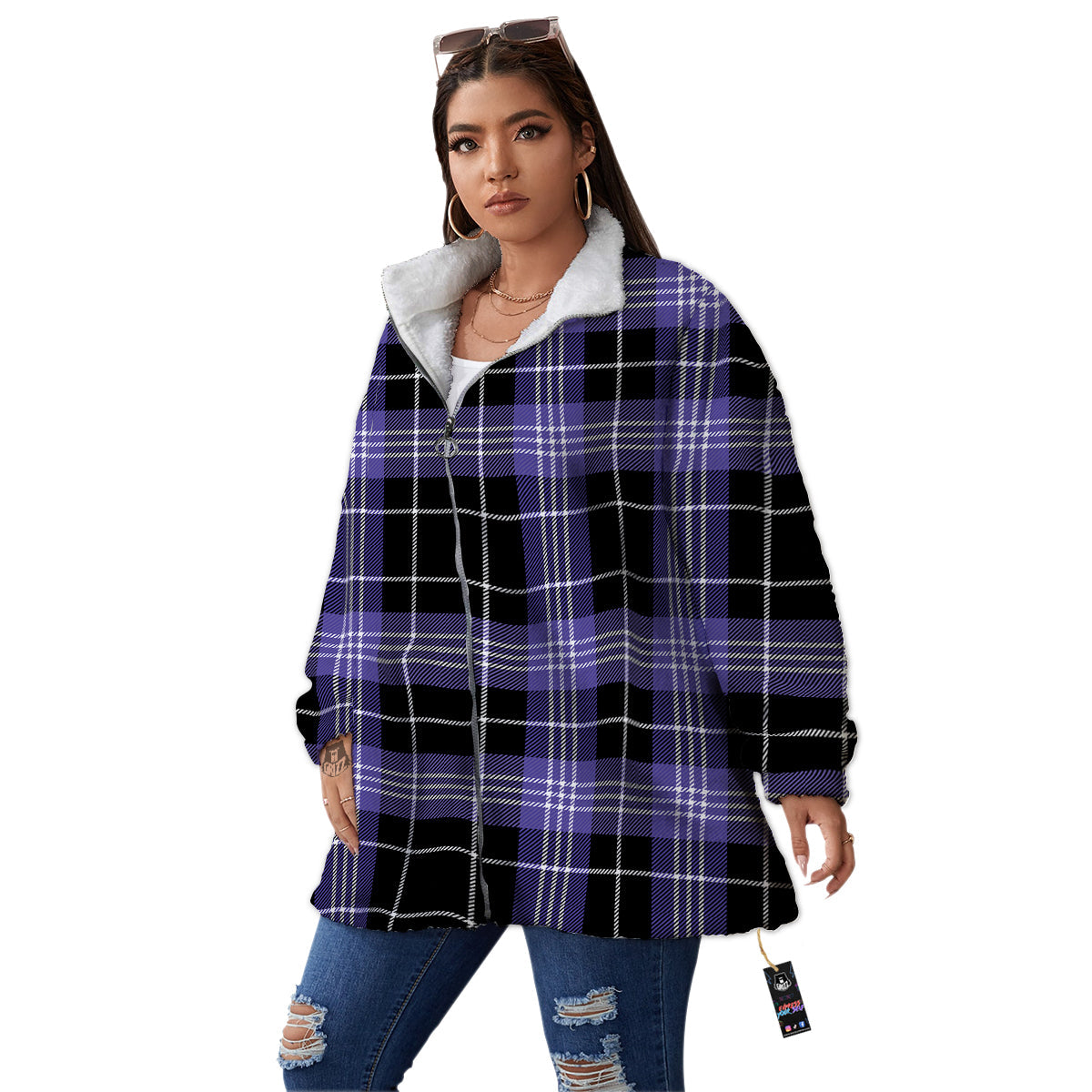 Buffalo Check Black And Violet Print Pattern Women's Sherpa Jacket-grizzshop