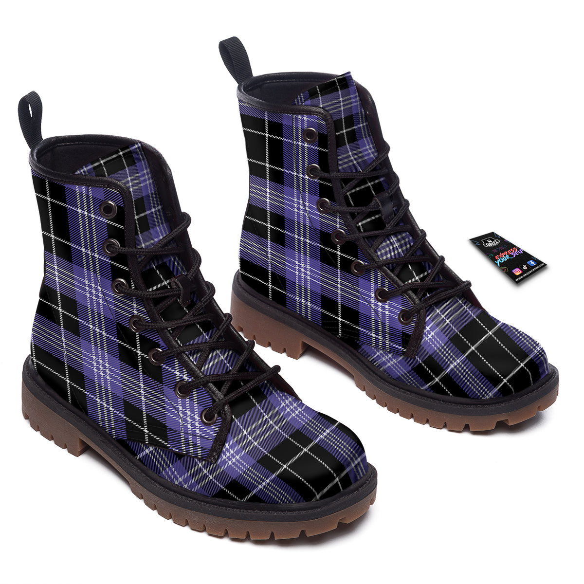 Buffalo Check Black And Violet Print Pattern Work Boots-grizzshop