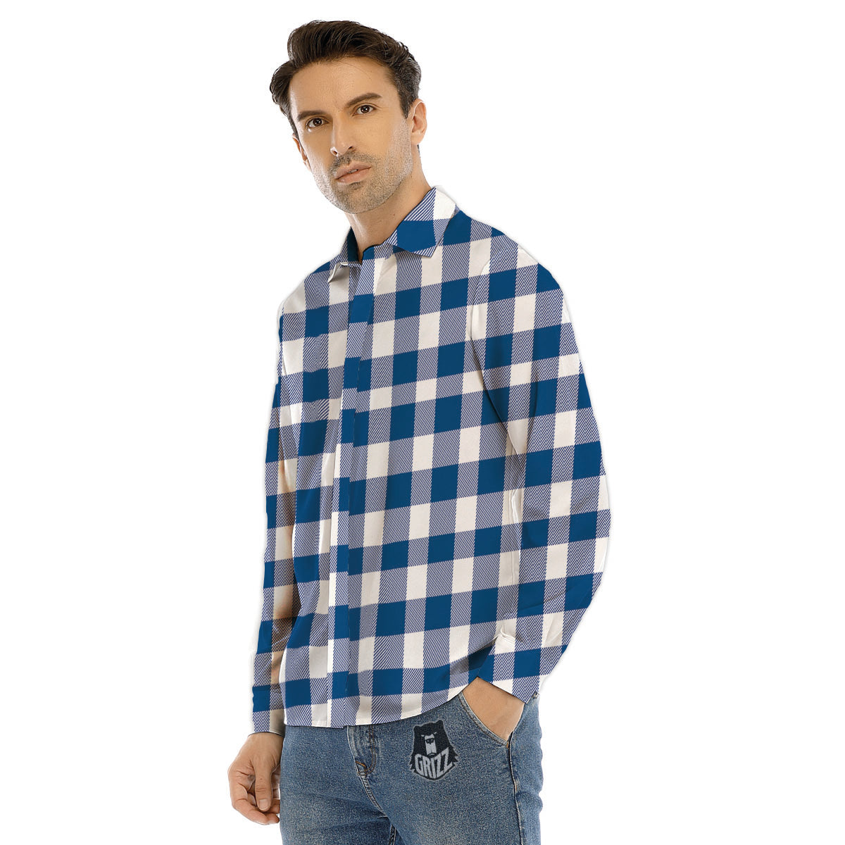 Buffalo Check Blue Print Pattern Men's Dress Shirts-grizzshop