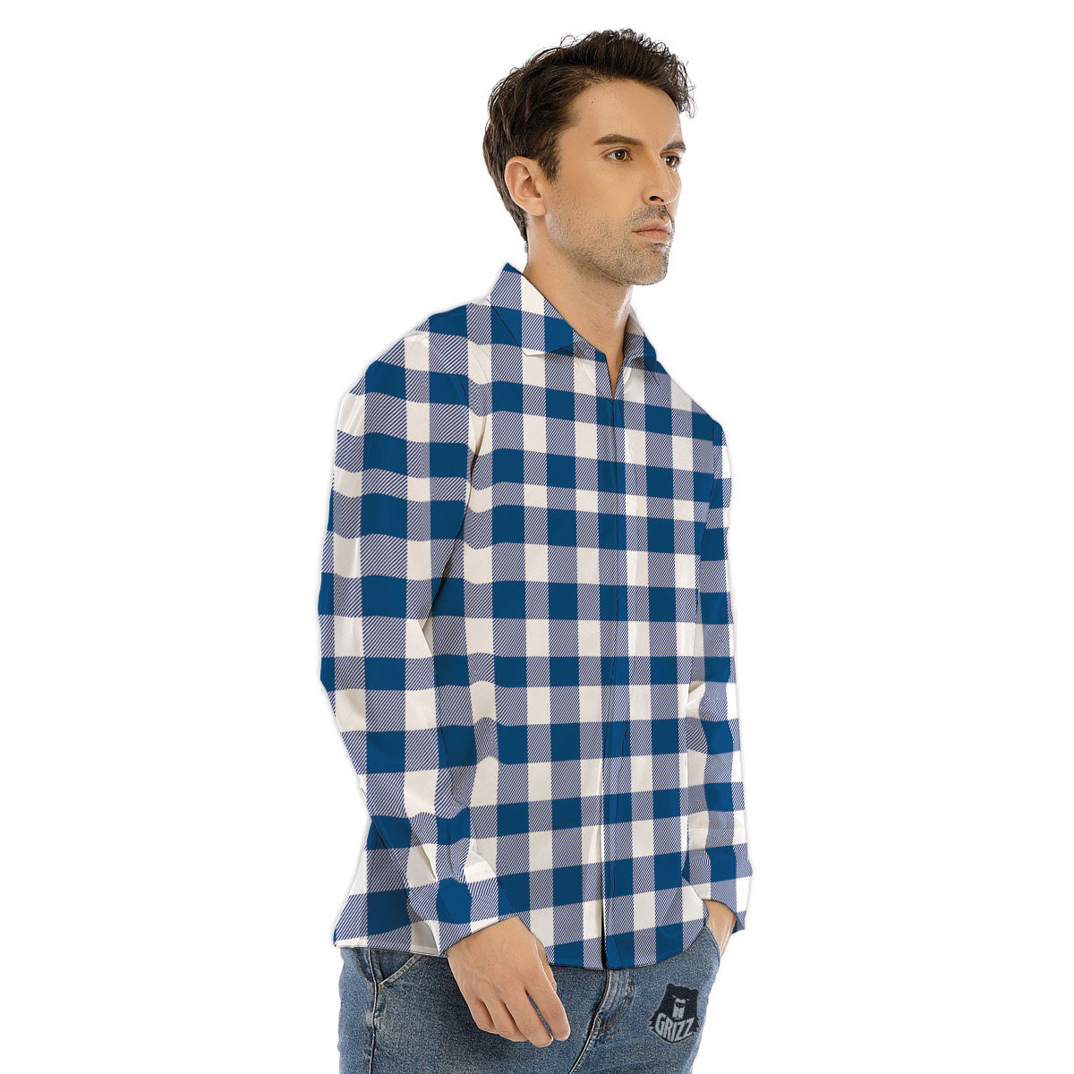 Buffalo Check Blue Print Pattern Men's Dress Shirts-grizzshop