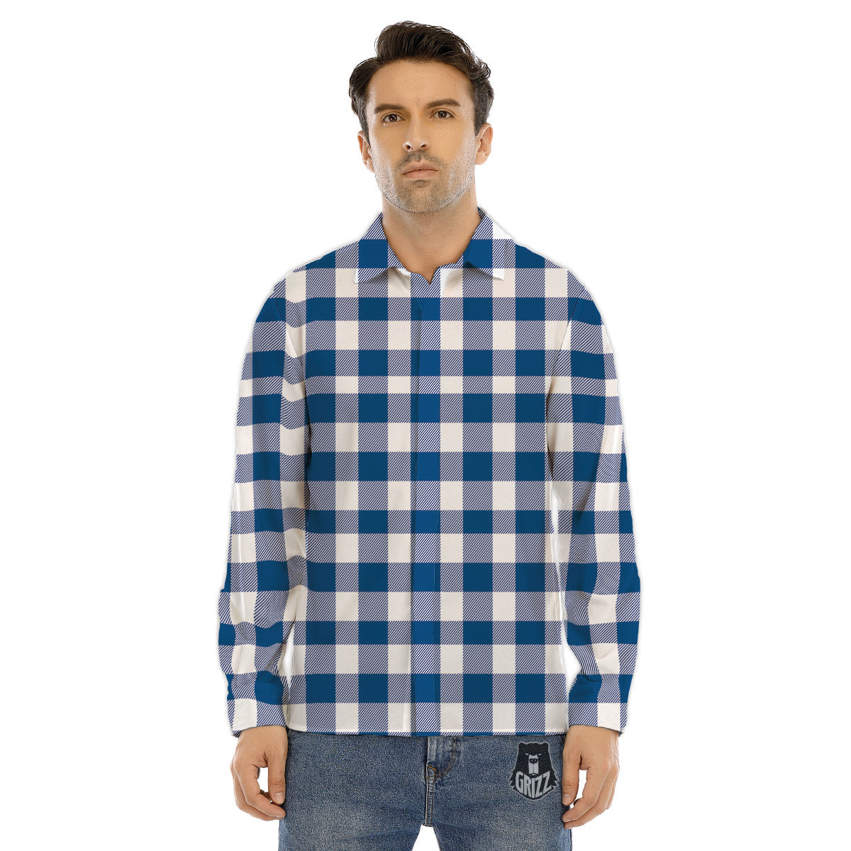 Buffalo Check Blue Print Pattern Men's Dress Shirts-grizzshop