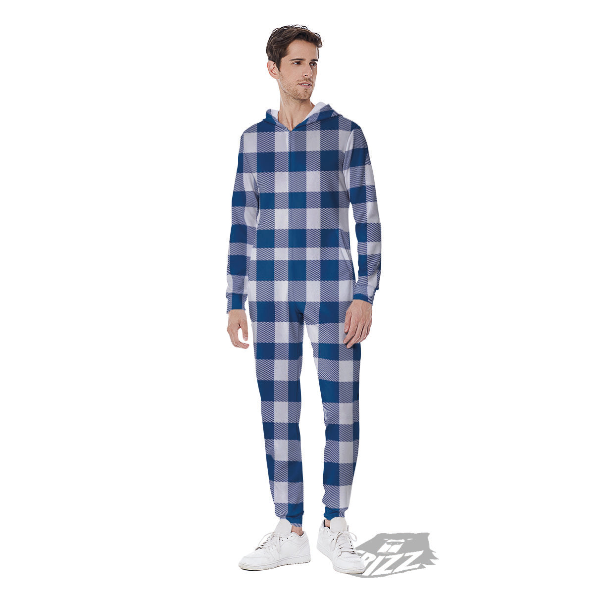 Buffalo Check Blue Print Pattern Men's Jumpsuit-grizzshop