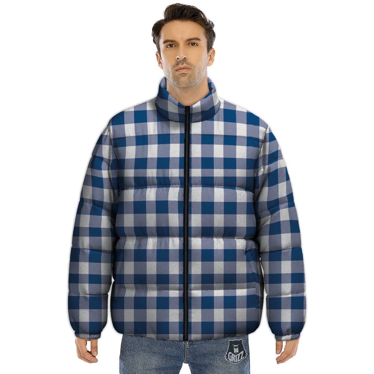 Buffalo Check Blue Print Pattern Puffer Jacket-grizzshop