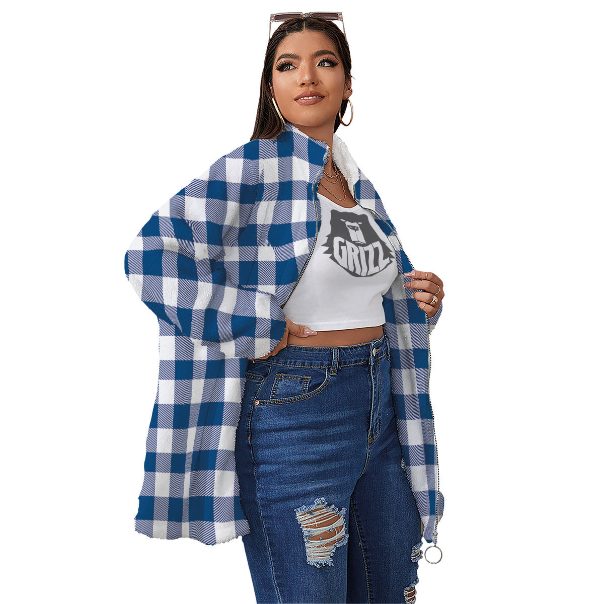 Buffalo Check Blue Print Pattern Women's Sherpa Jacket-grizzshop