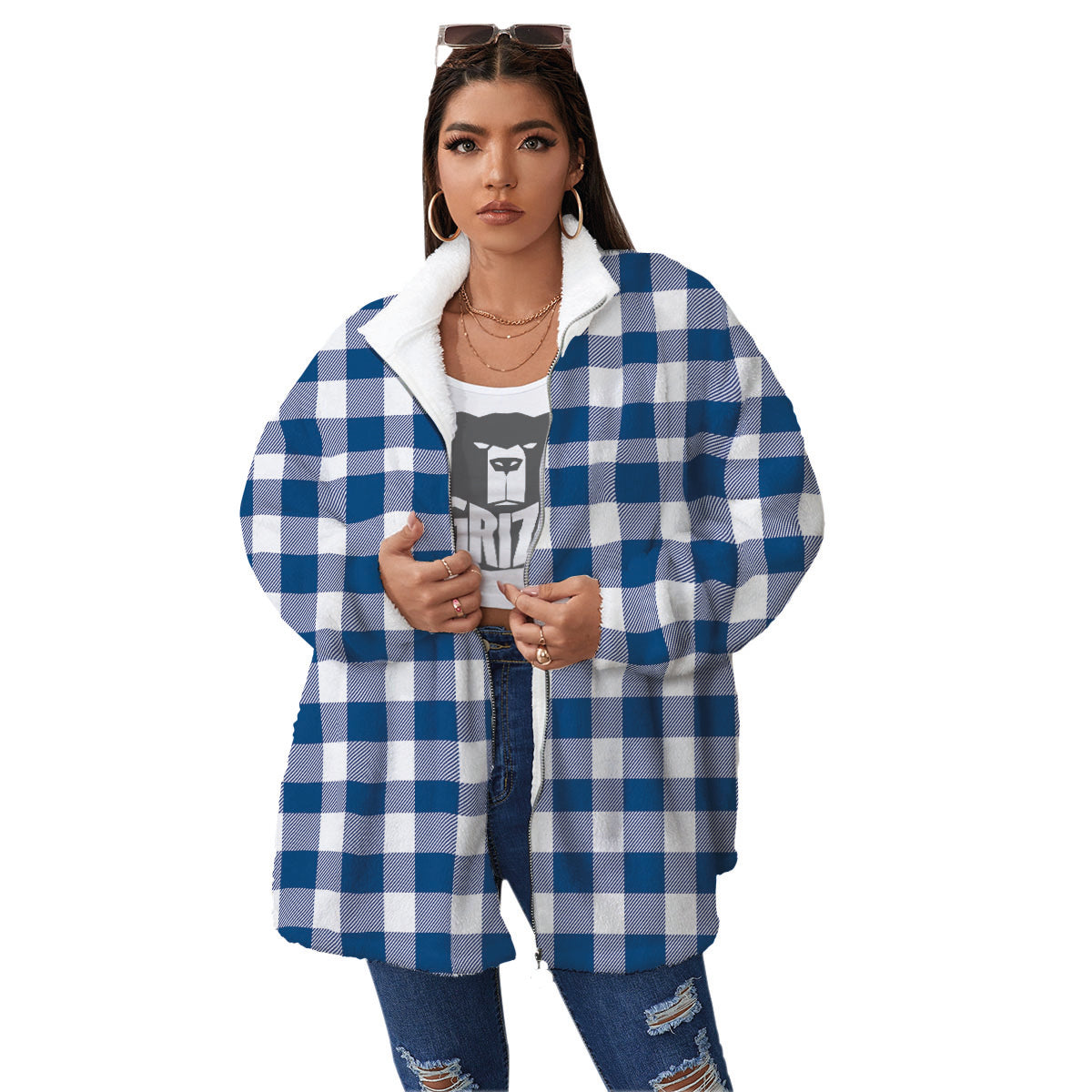 Buffalo Check Blue Print Pattern Women's Sherpa Jacket-grizzshop