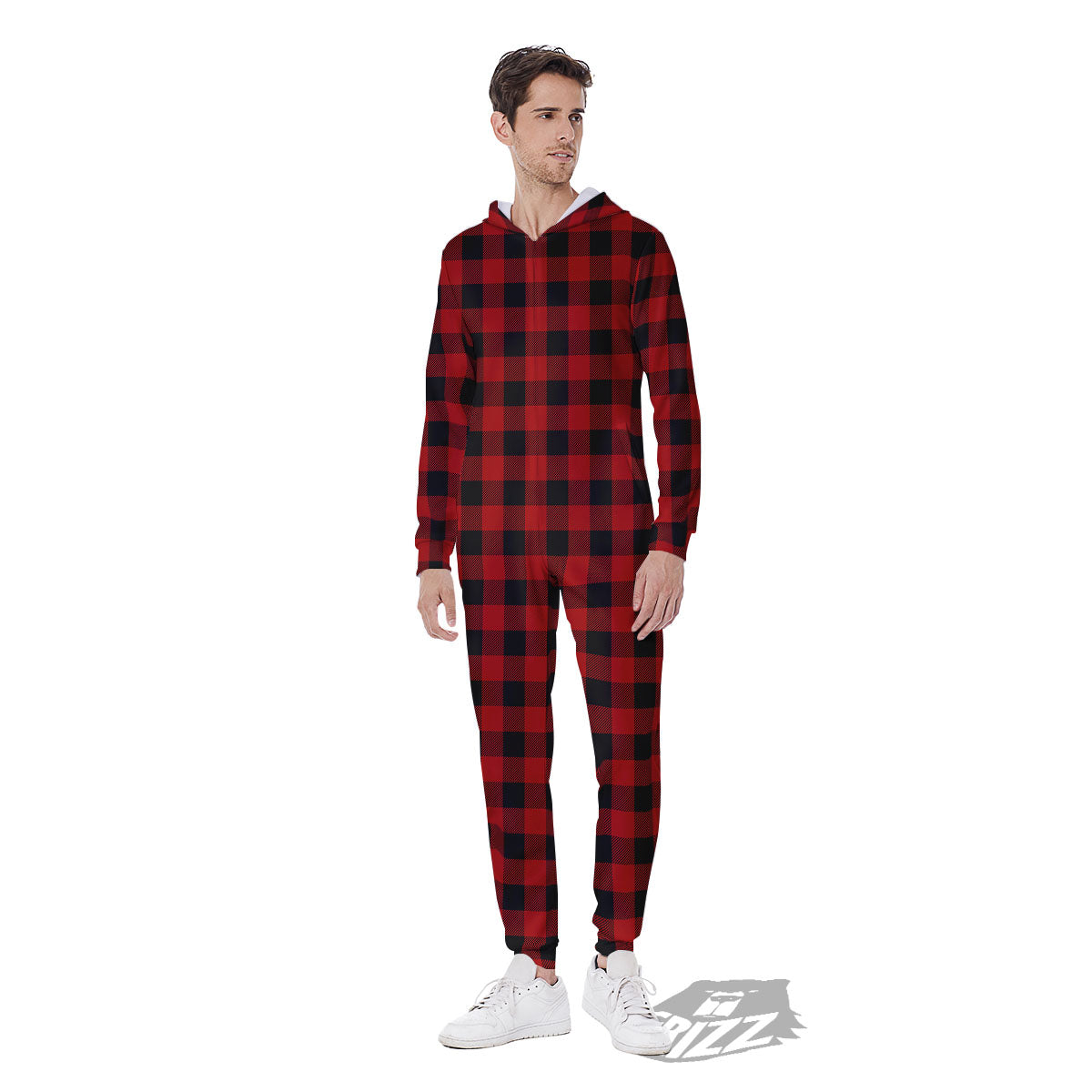 Buffalo Check Cardinal Red Print Pattern Men's Jumpsuit-grizzshop