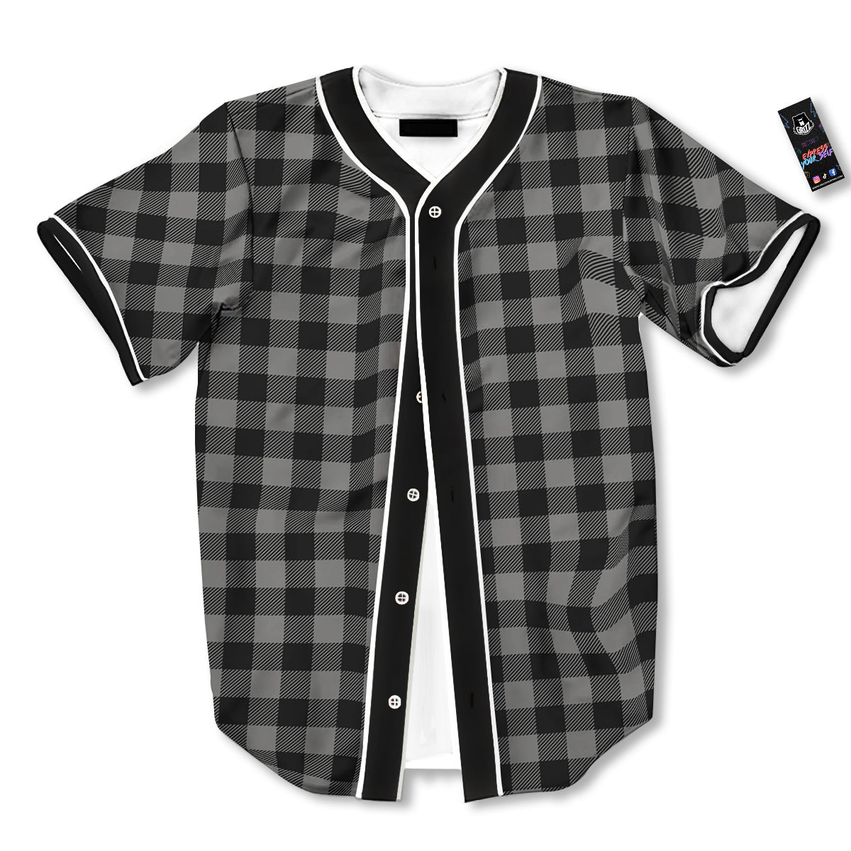 Buffalo Check Dark Grey And Black Print Baseball Jersey-grizzshop