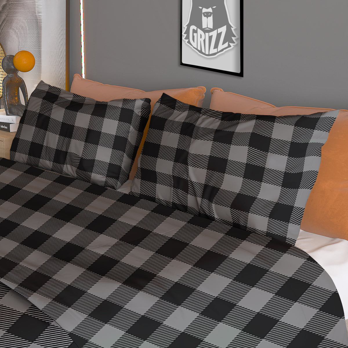 Buffalo Check Dark Grey And Black Print Duvet Cover Bedding Set