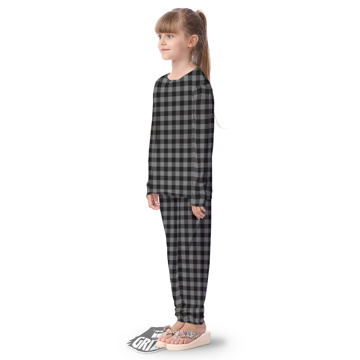Buffalo Check Dark Grey And Black Print Kid's Pajamas-grizzshop