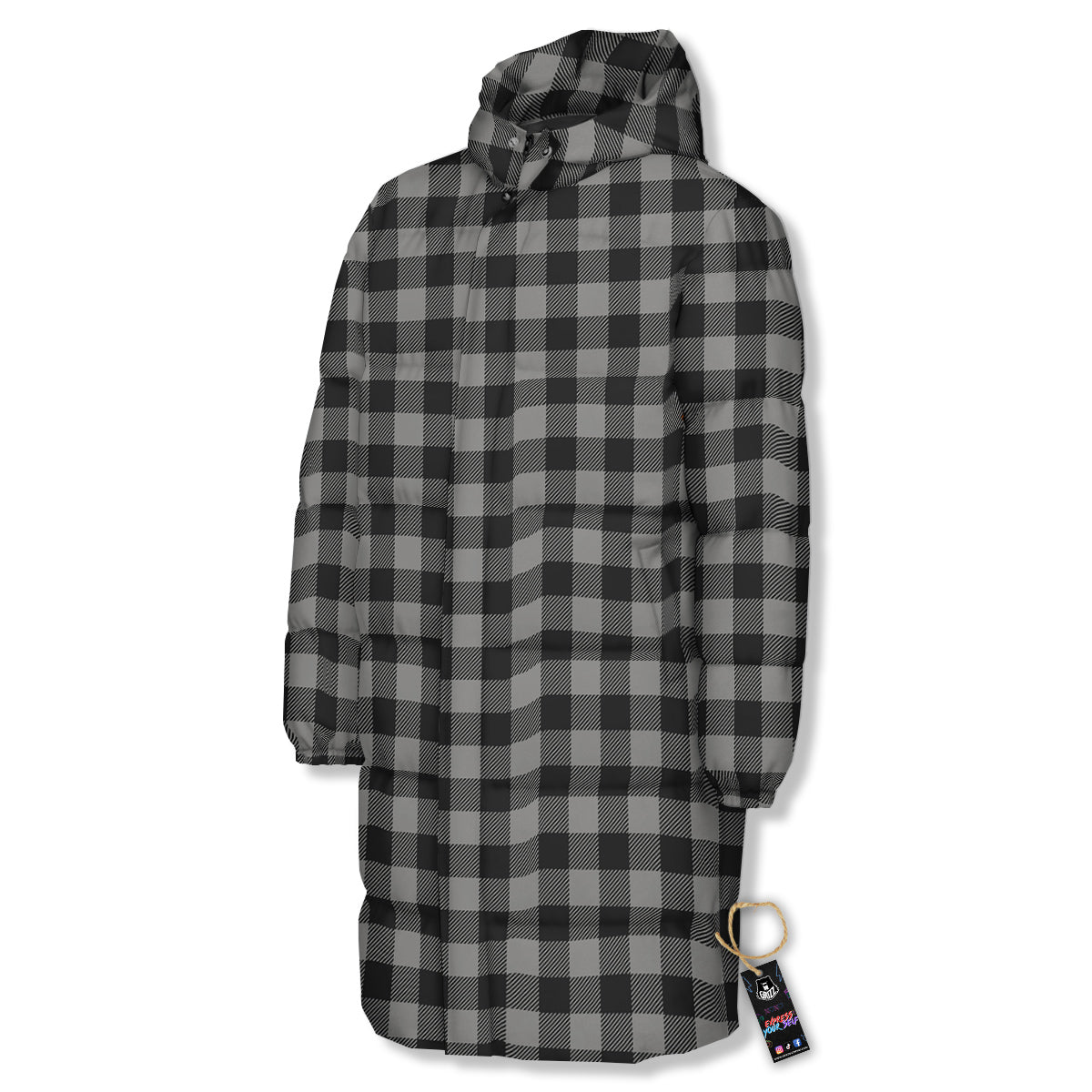 Buffalo Check Dark Grey And Black Print Long Down Jacket-grizzshop