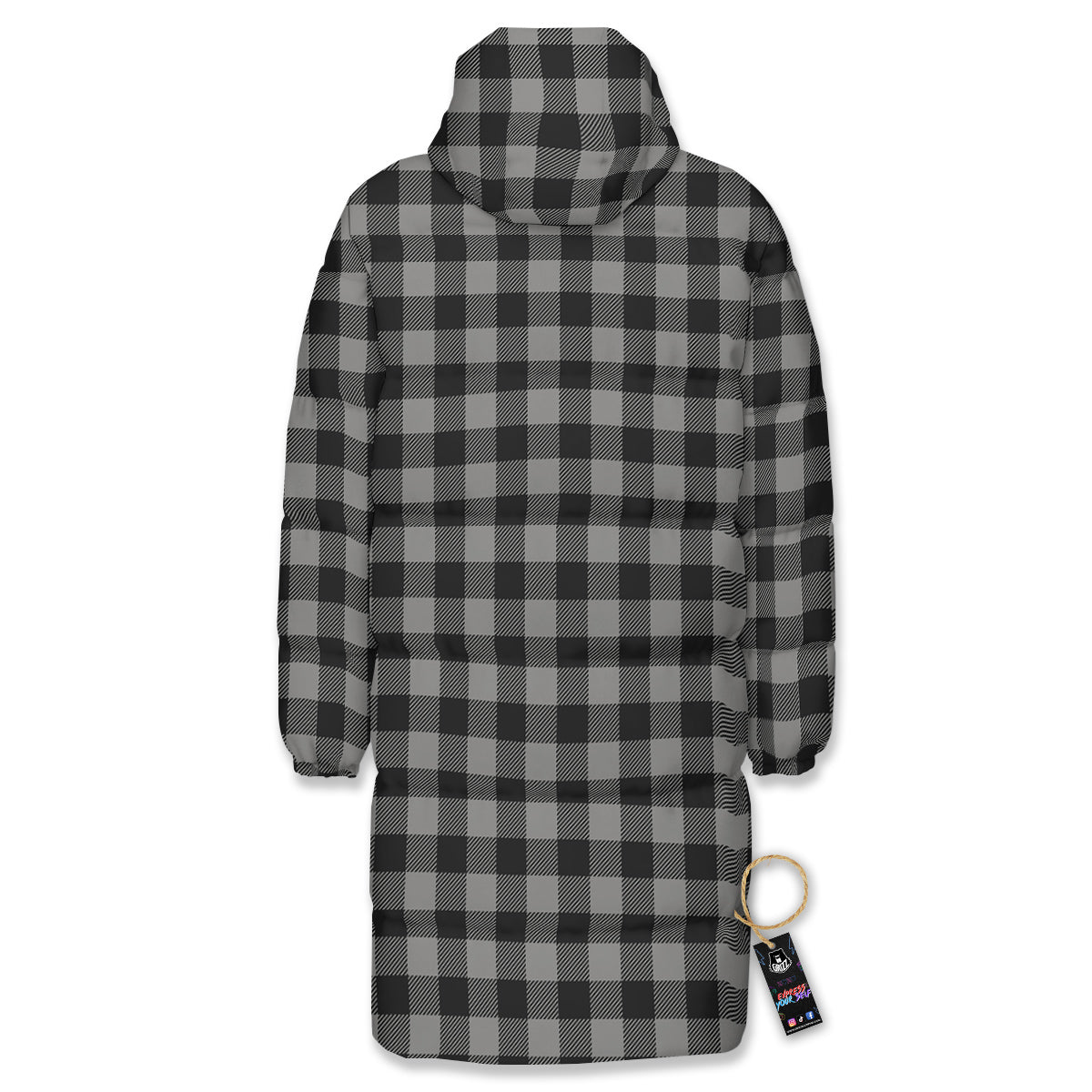 Buffalo Check Dark Grey And Black Print Long Down Jacket-grizzshop