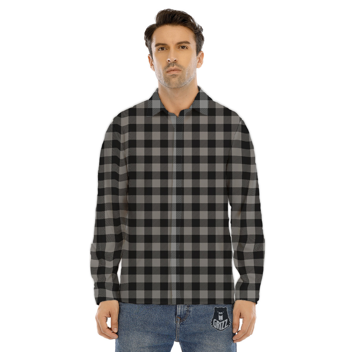 Buffalo Check Dark Grey And Black Print Men's Dress Shirts-grizzshop