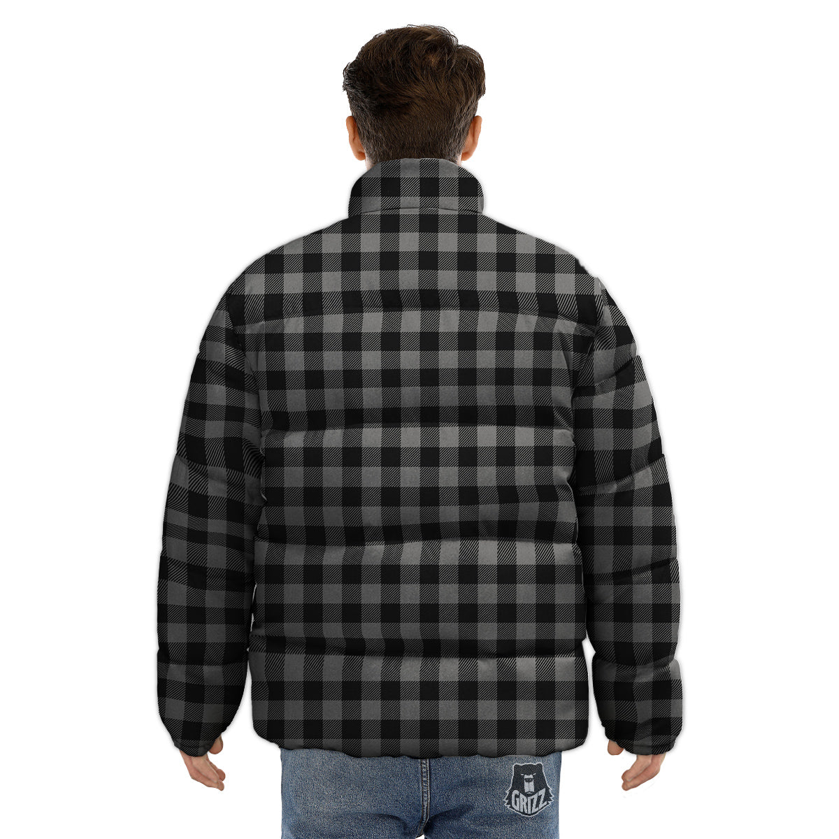 Buffalo Check Dark Grey And Black Print Puffer Jacket-grizzshop