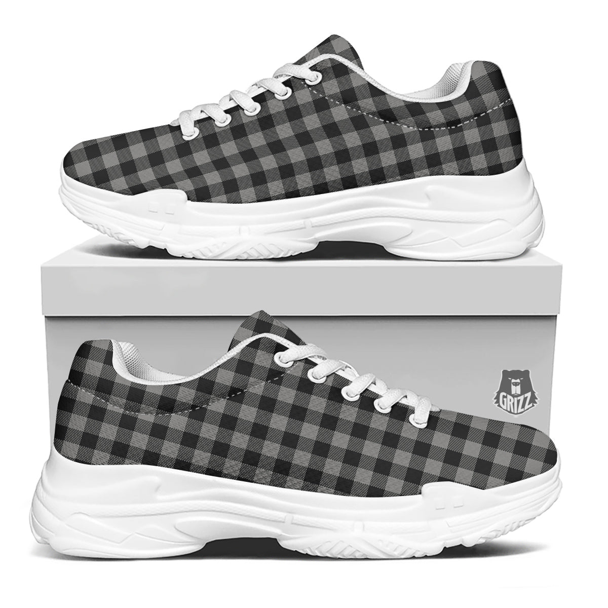 Buffalo Check Dark Grey And Black Print White Chunky Shoes-grizzshop